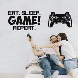 Eat Sleep Game Wall Decal-Gamer Wall Sticker with Big Controller, Vinyl Waterprof Art Design Stickers for Home Playroom Boys Bedroom Game Room 05