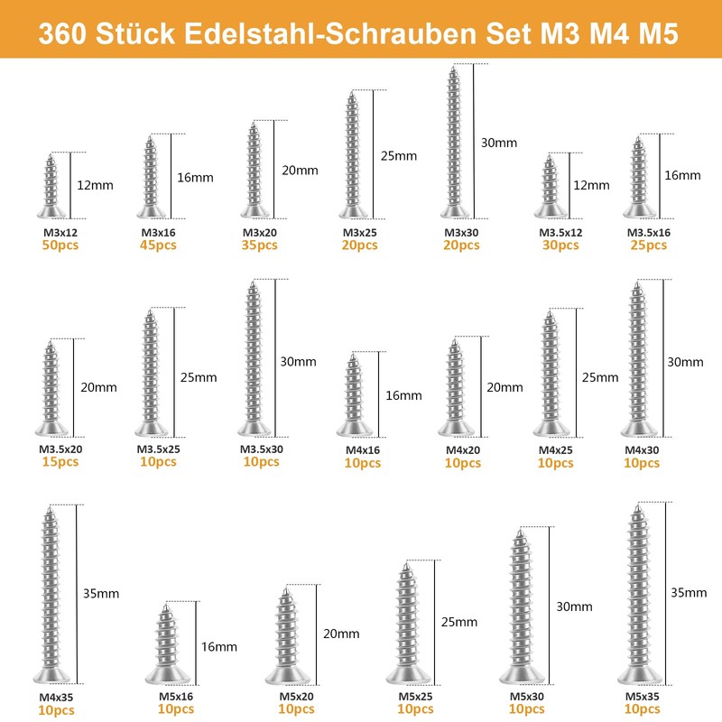 VIGRUE 360-Piece Stainless Steel Screws Set M3 M3.5 M4 M5,