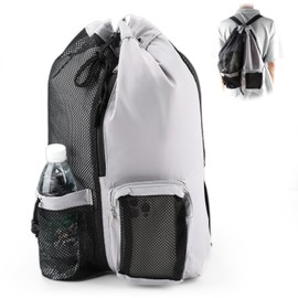 AHRLIC Drawstring Mesh Swimming Backpack - Grey Swim Bag with Wet/Dry Compartment, Beach and Gym Bag for Kids and Adults, Waterproof Sports Backpack for Swimming, Surfing, Pool, and Fitness Equipment