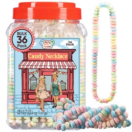 36 Candy Necklaces Individually Wrapped, Choker Style, Nostalgic Pastel Candy Jewelry Perfect for Party Favors, Pinata Fillers and Goodie Bags, Packed in a Convenient Display Tub, By 4YoreElves