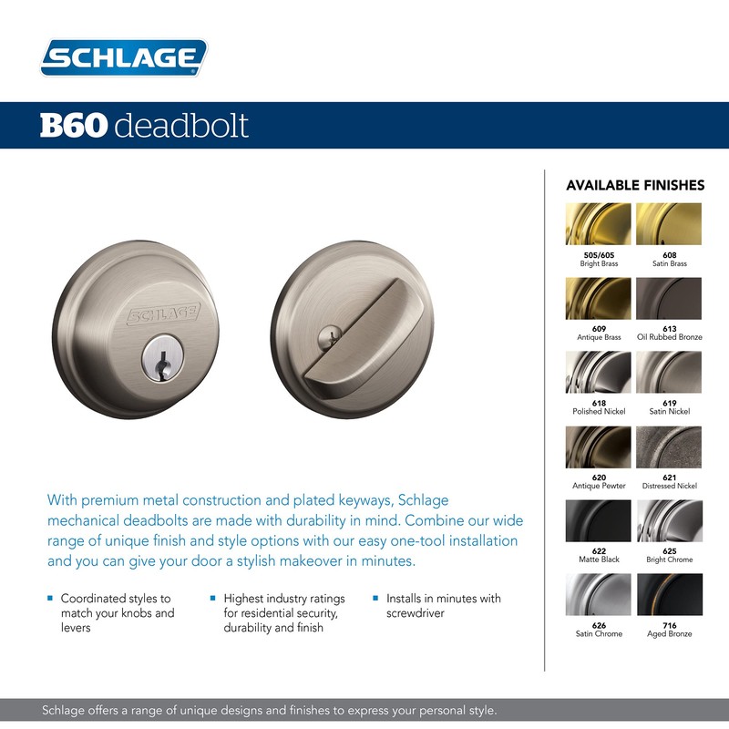 Schlage B60 N 716 Deadbolt, Keyed 1 Side, Highest Residential