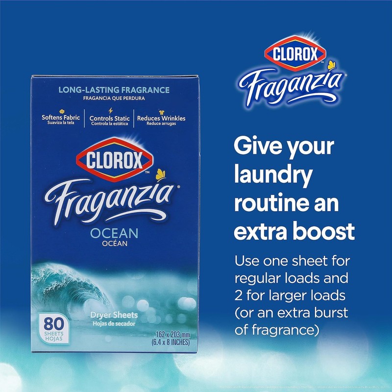 Clorox Fraganzia Fabric Softener Dryer Sheets, Ocean Scent - Wrinkle
