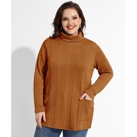 CARCOS Plus Size Sweaters for Women 1X Turtleneck Cable Knit Sweater Solid Long Sleeve Pullover Tops Fall Winter Casual Knitted Shirts with Pockets Loose Fit Brown XL 14W 16W