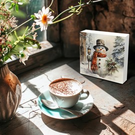 Kneaotoaji Winter Snowman Wooden Sign - Snowman Christmas Decor, Winter Gifts, Rustic Farmhouse Christmas Wooden Box Sign for Home Kitchen Bathroom Table Desk Shelf Decoration, 5x5 Inch