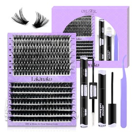 LAKANAKU DIY Lash Extension Kit,280 Pcs Cluster lash Extensions, 10-16mm Mix Wispy Lash Clusters, 50D+80D D Curl Lash Clusters Kit with Bond and Seal and Tweezer and Remover,Fluffty Lash Extensions