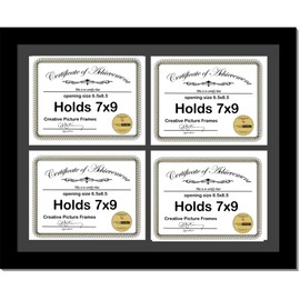 CreativePF [79-16x20bk-b] Black Horizontal 7x9 Diploma Frame with 4 Opening Black Mat | Holds 4 7x9 inch Documents with Installed Wall Hanger