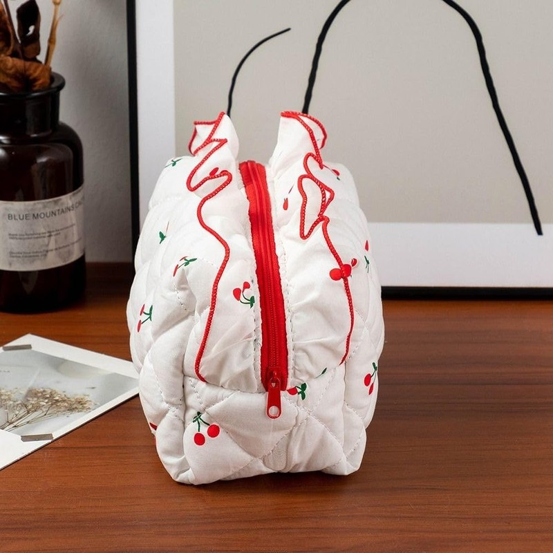 Quilted Travel Cosmetic Bag Organizer Stylish Cherry Print Makeup Pouch