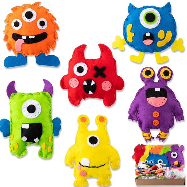 WATINC 6Pcs Felt Sewing Craft Kit for Kids, Stuffed Monster Sewing Pack for Beginner Boys Girls Fun DIY Educational Sewing Craft Gift with Multiple Sewing Tools