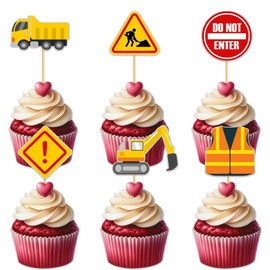 Cupcake Topper for Engineering Construction Vehicles Theme Party Favors Decorations Men Women Kids Happy Birthday Party Decor Supplies set 18pcs Glitter