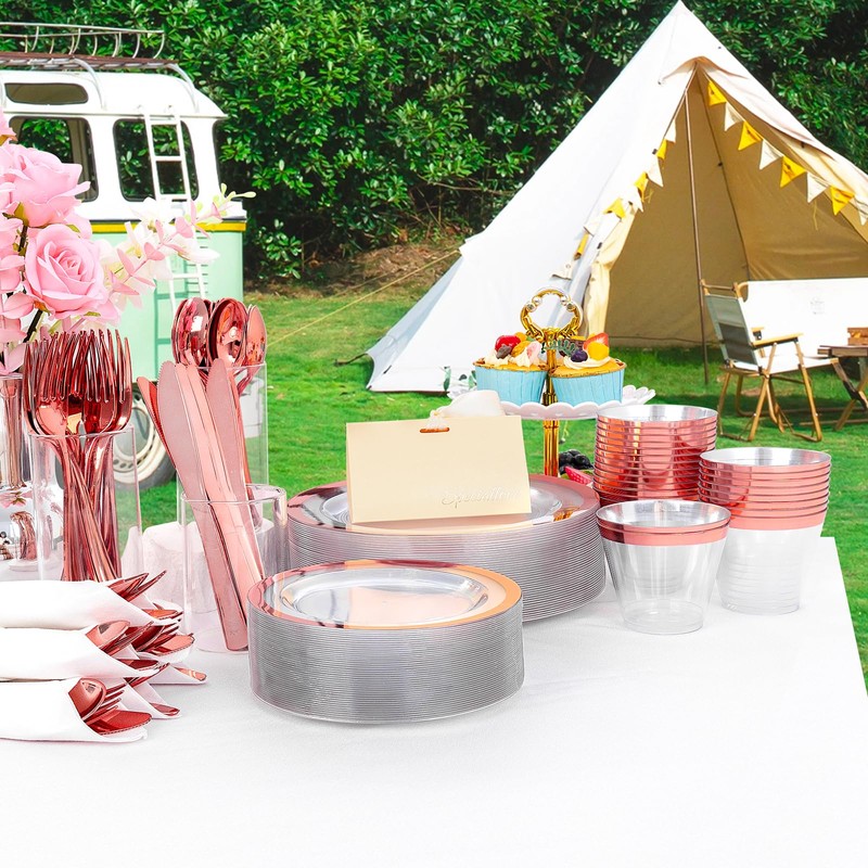 Liacere 350PCS Rose Gold Plastic Plates - Clear Plates with