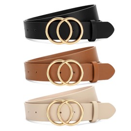 SANSTHS 3 Pack Women Waist Belts for Jeans Pants Dresses, Ladies Belt with Double O-Ring Gold Buckle, Black+Brown+Beige L
