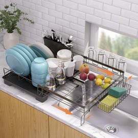 Vathingood Dish Drying Rack,Extendable Dish Rack,Drying Rack with Automatic Drainboard，Dish Drainers for Kitchen Counter,Anti-Rust Dish Drainers with Cup Holders & Utensil,Black