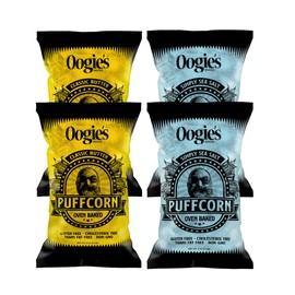 Oogie's Gourmet Puffcorn | 4 Pack | Classic Butter + Simply Sea Salt Flavors | Gluten Free Puffcorn Snacks | 4 Ounce Big Bag