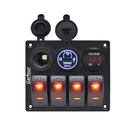 Garfour Green 4 Gang Marine Waterproof Boat Switch Panel Aluminium Panel with 12V Voltmeter Type-C and QC3.0 USB Charging Socket Rocker Witch Panel for Car Boat