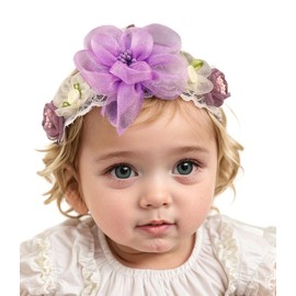 Bethynas baby girls Lace Flower Headband Gauze Floral Elastic Infant Hairband Birthday Party Princess Hair Accessories for Newborn Toddlers (Purple)