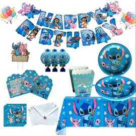 Stitch kids Birthday Party Supplies decoration Set – 125PCS, for16 Guests,1Tablecloth,16 Plates,16Napkins, Banner, Stickers, Cake Topper,16 Invitations card with envolopes,16 Blowouts &16Popcorn Boxes