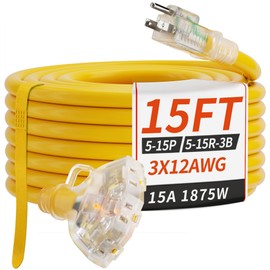 PlugSaf 15 FT 12/3 Gauge Outdoor Extension Cord with Multiple Outlets Light Indicator, Flexible 3 Outlet Weatherproof Heavy Duty Extension Cord Waterproof Yellow, 15A 1875W 12AWG SJTW, ETL Listed.