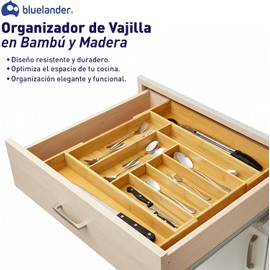 Bluelander Organizador de Cubiertos Expandible 33-52 cm, Organizador Cubierto con 9 Compartimientos, Organizador para Cajon, Organizador de Cubiertos Bambu, Portacubiertos
