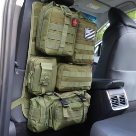 tactical car seat back organizer and storage truck seat covers with a Molle Vehicle Panel and 5 Different Size Molle Pouches for most models such as Jeep,SUV,Pickup (Army green)