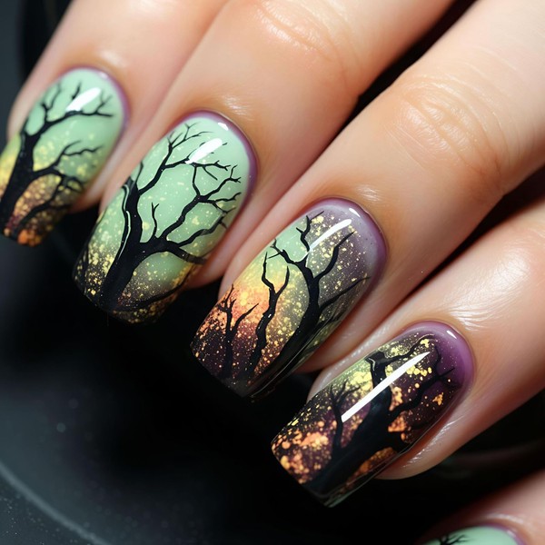 Halloween Press on Nails Medium Square Fake Nails with Designs
