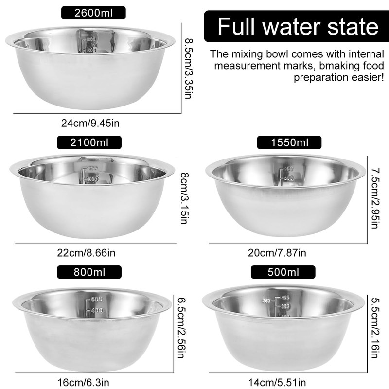 5Pcs Mixing Bowls Stainless Steel 5 Sizes Baking Bowls Mixing