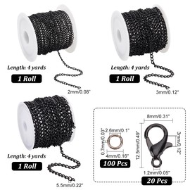 PH PandaHall 36 Foot Curb Chain Link 2/3/5 mm Twisted Chain Links Black Metal Craft Chain with 100 Pieces 4 mm Open Jump Rings and 20 Pieces Lobster Clasps for Homemade Necklaces