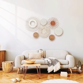 MeraMera Boho Wall Decor, Rattan Flower Wall Basket Décor, Set of 7, Diameter from 13.8" to 5.1"