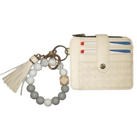 Bracelet Keychain Wallet Wristlet Slim Credit Card Holder Zip Purse Silicone Beaded Key Ring Bangle Chains with Leather Tassel for Women Men, Beige