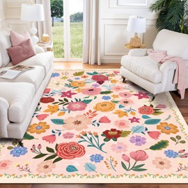 Washable Boho Area Rug 3'×5' Light Pink Large Living Room Rug Floral Non-Slip Color Soft Oriental Vintage Bedroom Carpet Dining Room Nursery Home Office Indoor Decor