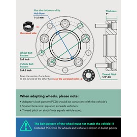 YHTAUTO 5x4.5 to 5x5 Hub Centric Wheel Adapters 1 Inch Compatible with Ford & Jeep & Dodge & Lincoln & Mazda & Mercury, Tire Spacers w/1/2-20 & 12.9 Grade Studs, 71.5mm Hub Bore 5 Lug 4PCS Black