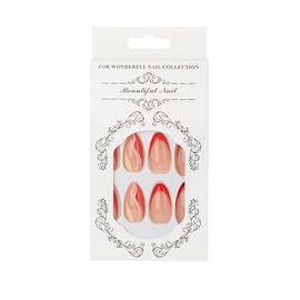 Sethexy Swirl Almond False Nails Orange French Stiletto Stick on Nails Wave Line Fake Nails 24Pcs Acrylic Art Press on Nail Tips for Women and Girls