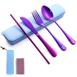 Boulder Bee | Travel Utensils Set | Reusable Camping Cutlery Set | Stainless Steel Flatware Set | Portable Silverware Set with Case | Includes Knife/Fork/Spoon/Straw/Cleaning Cloth/Case (Purple)