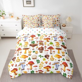 Feelyou Kids Cute Mushroom Decor Comforter Set with Sheets 7 Piece Cartoon Mushrooms Bedding Set Full Size for Boys Girls Teens Kawaii Fungus Bed in a Bag Wild Mushroom Stuff Bed Set