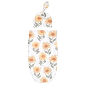 Baby Cocoon Swaddle Blanket Newborn Girl Swaddle and Headband Set Purple Soft Stretchy Flowers Floral Print Wrap Shower Gift (Sunflower)