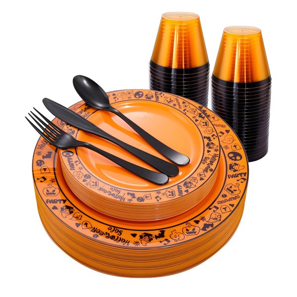 Hioasis 150PCS Halloween Plastic Plates&Orange Plastic Plates with Black Halloween Pattern for 25 Guests & black Plastic Silverware & Clear Orange black Cups Perfect for Halloween Parties