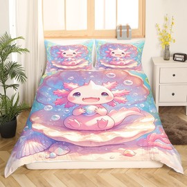 Loussiesd Cute Axolotl Bedding Set for Girls Boys Kids Single Size Cartoon Salamander Comforter Cover Set Kawaii Ocean Sealife Duvet Cover Ocean Bedspread Cover 2Pcs Pink Quilt Cover