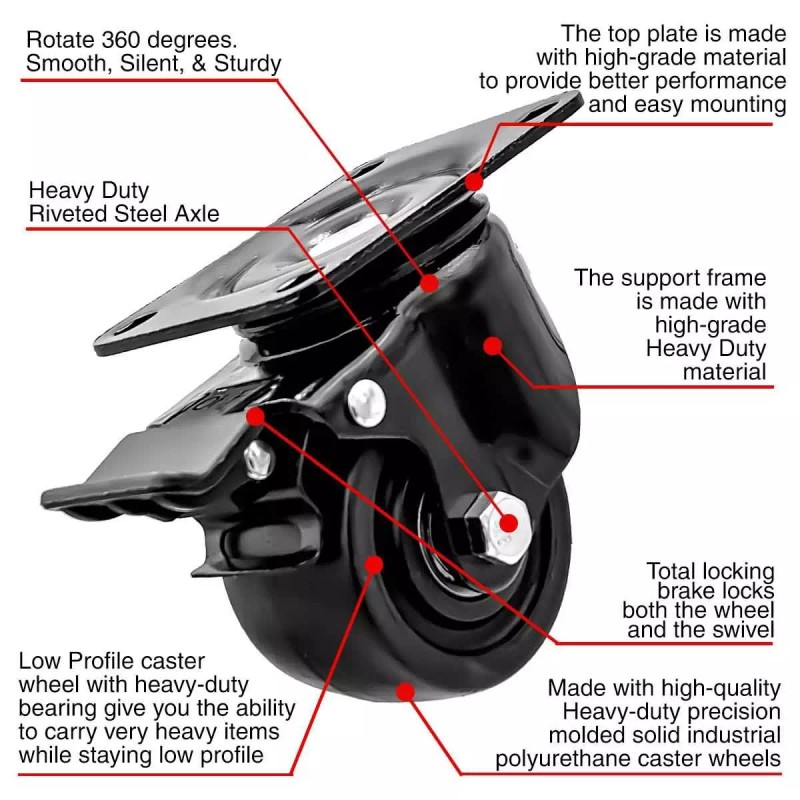 FactorDuty 8 Pack 2.5" Low Profile Black w/ Brake Heavy