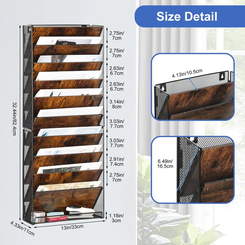 Solinxe 10-Tier Wall File Organizer, Wood Mail Organizer Wall Mounted