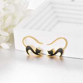 Cat Earrings Sterling Silver Black Onyx Cat Earrings Gold Plated Cat Dangle Earrings Pull Through Cat Black Onyx Jewellery Birthday Christmas Gifts for Women Girls, Sterling Silver