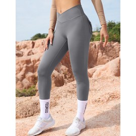 YEOREO Leggings with Pockets for Women Charm Leggings Workout Leggings for Women V Cross Waist Butt Lifting Gym Yoga Leggings Blue Gray