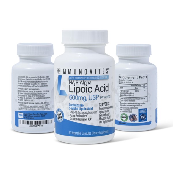 IMMUNOVITES 3-Pack Stabilized R-Alpha Lipoic Acid ((True)) 600mg per Serving [[High Potency & up to 40x Increased Absorption]] (Na R-ALA) (Na R-LA) (Na R-Lipoate) (3 Bottles)