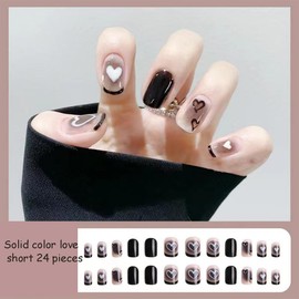 Black White Nail Press ons Short Square Fake Nails with Heart Design False Nails Black Love Stick on Nails Glossy Full Cover French Tip Glue on Nails Artificial Acrylic Nail for Women Manicure 24pcs