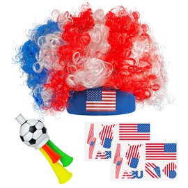 2026 Soccer Fan Gear Set, USA Flag Clown Wig, Temporary Tattoos & Loud Horn – Cheer Accessories for International Football Matches, Stadium & Global Tournament Celebrations 1