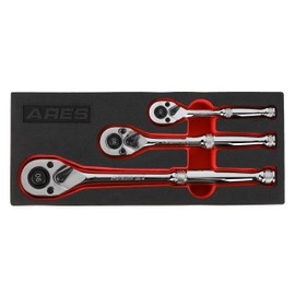 ARES 42048-3-Piece 90 Tooth Ratchet Set - Premium Chrome Vanadium Steel Construction & Mirror Polish Finish - Quick Release for Easy Socket Change - 90-Tooth Reversible Design with 4 Degree Swing
