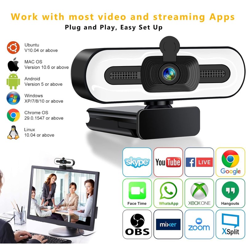 GKEAPZA Webcam with Ring Light Microphone - Streaming Web Camera,