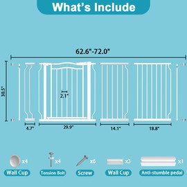 THEYFIRST Extra Wide Dog Gate for Doorways 62.6-72 in, Walk Through Long Baby Gates for Large Openings, No Drill Child Safety Gate for Pets Kids Toddler, Doggy Barrier Indoor Metal, 30" Tall White
