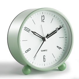 Analog Alarm Clock, 4 inch Super Silent Non Ticking Small Clock with Night Light, Battery Operated, Simple Design, Old Fashioned Style Ideal Decor, for Bedroom, Bedside, Desk, Adult, Kid, Gift, Green