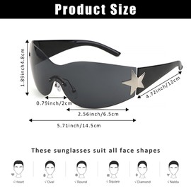 FIBOUND Pack of 2 Rimless Y2k Wrap Around Star Sunglasses, Rimless Wrap Around Sunglasses, Cool Star Fashion Sunglasses, Oversized Wrap Around Sunglasses, Sports Cycling Sunglasses