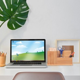 Relaxdays Bamboo Pen Holder Organiser for Desk, Bathroom and Office, 3 Compartments, Pen Box HBT: 14 x 24.5 x 14 cm, Natural