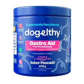 Dogelthy Gastro Aid. Pre + Probioticos con +3 Billones de UFC x Scoop. Suplemento para Perros. Complemento para Croquetas o Dieta Barf de 270g (Pescado)